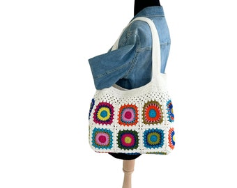 Cream Crochet Tote Bag,Retro Hippie Style, Crochet Tote Bag, Retro Bag, Hippie Bag, Gift for Her, Boho Bag, Cream Crochet Bag,