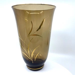 Vintage Fuger & Taube Amber Crystal Vase with Gilt Gold Wheat Butterfly, 1950s German MCM Home Decor, Fall Autumn Table Vase, Rare Glass