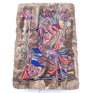 Vintage Mexican Amate Bark Bird & Flowers Painting, Vibrant Colorful Bird Art, Framed Mexico Otomi/Nahua Folk Art, Retro Floral Wall Decor