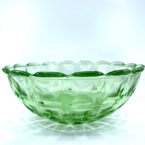 Vtg 1930 Green Anchor Hocking Scalloped Bowl Depression Uranium Vaseline Glass, Retro MCM Console Fruit Centerpiece Serving Dish,UV Reactive