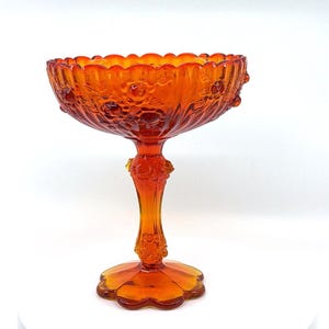Vintage Fenton Amberina Cabbage Rose Compote Candy Dish Pedestal Bowl - UV Reactive 1970s Art Glass Centerpiece Collectible