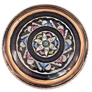 Vintage Handpainted Etched Copper Console Tray, Handmade MCM Ornate Metal Turkish Serving Platter, Boho Eclectic Decor Centerpiece, Wall Art