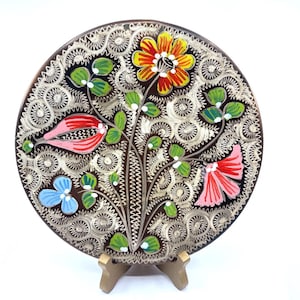 Vintage Handpainted Etched Copper Console Tray,Handmade MCM Ornate Metal Turkish Plate Wall Hanging Boho Eclectic Decor Centerpiece,Wall Art