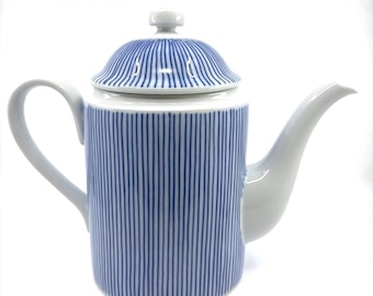 Fitz & Floyd Les Bands Blue Teapot - Vintage Blue Stripe Coffee Pot Porcelain Teapot with Lid - Elegant Blue White Serveware