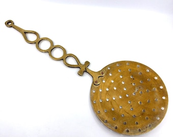 Vintage Brass Skimmer Spoon Pierced Strainer - Large Hanging Utensil - Primitive Kitchen Decor - Solid Brass Wall Art - Farmhouse Interior