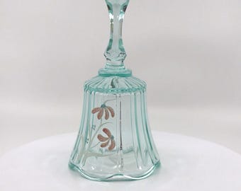 Vintage Fenton Hand Painted Glass Bell, Artist Signed Aqua Floral Art Glass, Collectible Fenton Bell, Cottage Style Decor