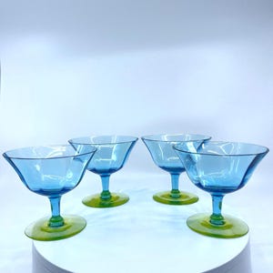 Vintage Tiffin-Franciscan Blue Yellow Optic Champagne Coupe Barware # 14196, MCM Low Sherbet Glasses Set of 4, Uranium Vaseline Glass Base