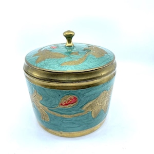 Vintage Brass Lidded Dish With Turquoise & Gold Enamel Floral Design, MCM Lidded Jewelry Dish Jar, Retro Catchall Container, Boho Home Decor