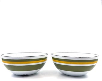 Vintage Skoal Norway Enamel Bowls Set of 2, Olive Green Yellow White Striped Scandinavian Mid Century Modern Kitchenware