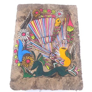 Vintage Mexican Amate Bark Bird & Flowers Painting, Vibrant Colorful Bird Art, Framed Mexico Otomi/Nahua Folk Art, Retro Floral Wall Decor