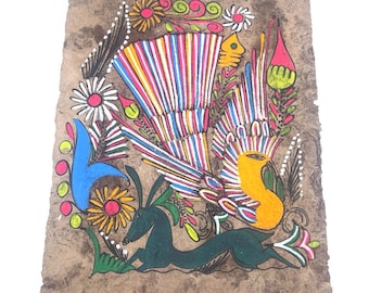 Vintage Mexican Amate Bark Bird & Flowers Painting, Vibrant Colorful Bird Art, Unframed Mexico Otomi/Nahua Folk Art, Retro Floral Wall Decor