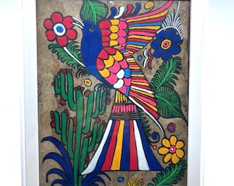 Vintage Mexican Amate Bark Bird & Flowers Painting, Vibrant Colorful Bird Art, Framed Mexico Otomi/Nahua Folk Art, Retro Floral Wall Decor