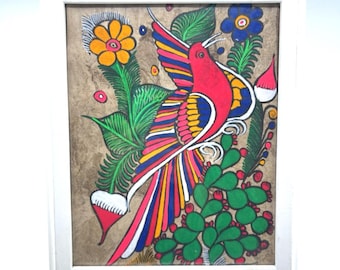 Vintage Mexican Amate Bark Bird & Flowers Painting, Vibrant Colorful Bird Art, Framed Mexico Otomi/Nahua Folk Art, Retro Floral Wall Decor
