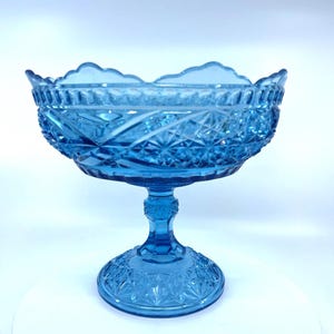 May include: A blue glass pedestal bowl with a scalloped rim. The bowl features a detailed, cut-glass pattern and sits on a round base. The stem has a decorative design. The bowl is a vibrant shade of blue.