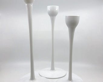 Vintage IKEA Blomster Glass Candleholders Set of 3, White Taper Holders, Scandinavian Modern Decor, Red and Blue Ball Candles Included