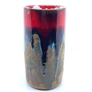 Vintage Studio Pottery Drip Glaze Vase, Handmade Artist Signed Rustic Table Vase, Red, Blue, Black, Earth Tone Art Vase, MCM Home Decor Gift