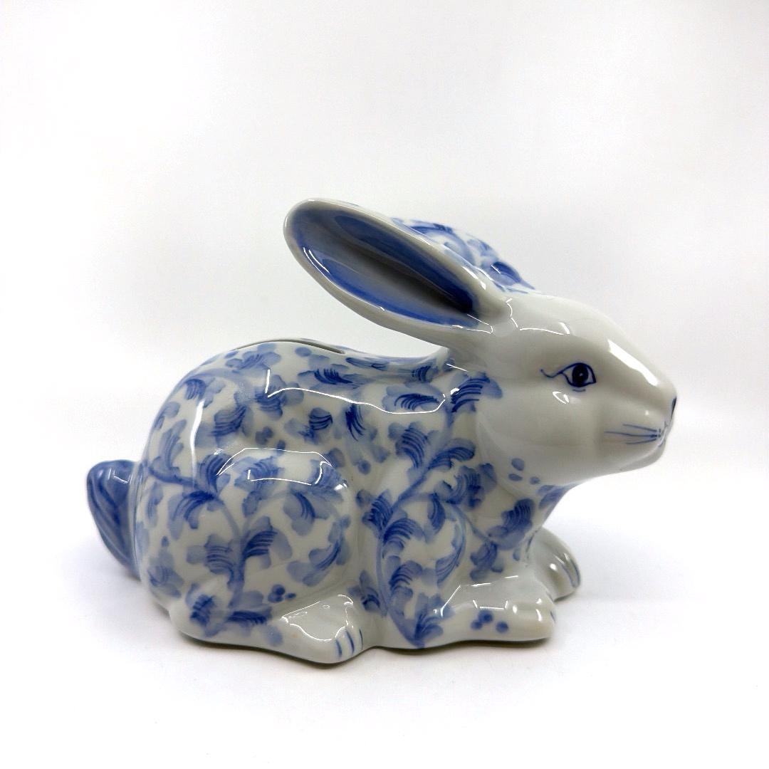 Vintage Blue and White Rabbit Coin Bank - Bunny Porcelain Cottagecore ...