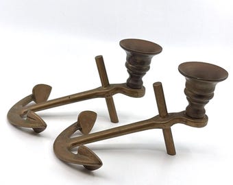 Vintage Brass Anchor Candlesticks Pair | MCM Nautical Candle Holders | Coastal Maritime Brass Taper Candlesticks | Brass Table Setting