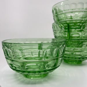 Vintage Set Of 4 Fostoria Uranium Vaseline Hermitage Ice Dishes Green Glass NO Inserts GLOW, Trinket, Candleholder, Retro Depression Glass