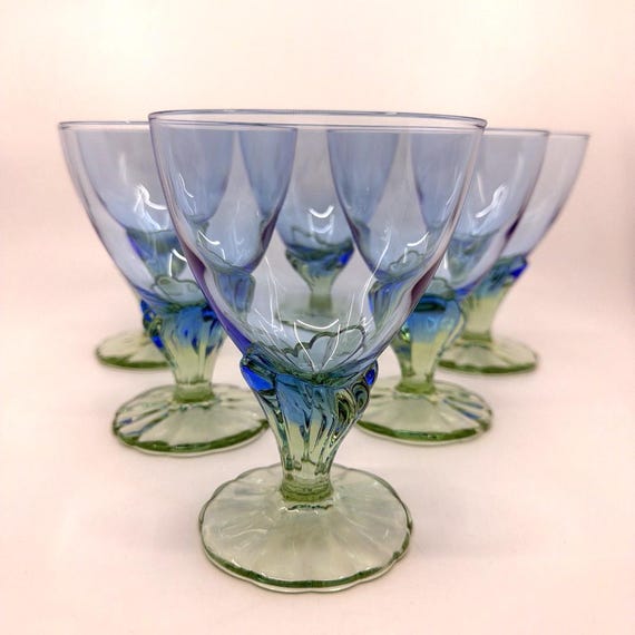 Set of 6 Bormioli Rocco Bahia Champagne Coupes - Blue Green Blown Glass Italian Stemware - Art Nouvea Mermaid Style Drinkware - Tall Sherbet