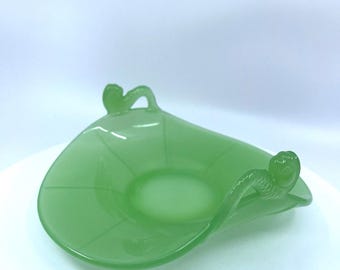 Rare Vintage Fenton Jade Green Glass Dolphin Handle Console Bowl c1927, Depression Era Jadeite Trinket Candy Dish Centerpiece,Koi Fish Style