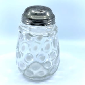 Vintage Fenton White Opalescent Coin Dot Sugar Shaker, 1940 Clear White Glass Muffineer, MCM Polka Dot SugarJar, Collectable Kitchen Decor
