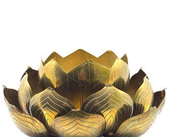Vintage Brass Lotus Candleholder Hong Kong, Large Lotus Flower Pillar Candle Holder, Boho Zen Decor, Blossoming Lotus Altar Votive