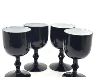 Set of 4 MCM Black Cased Glass Goblets - Mid Century Modern Stemware Retro Barware  - Murano-Syle Elegant Black and White Drinkware