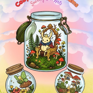 Puede incluir: Ilustración de tres terrarios de vidrio con insectos y plantas de dibujos animados. El tarro más grande presenta un escarabajo en un trono. Los otros tarros contienen una mariposa y un caracol. El texto dice "Cozy Insect Terrariums" y "Soaring Owl Arts".