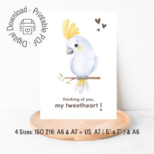Tarjeta de felicitación para amantes de las cacatúas, bonito regalo para el día de San Valentín, nota para pensar en ti, tema de aves imprimible, PDF imprimible, descarga digital