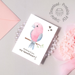 Tarjeta de felicitación para amantes de los galah, lindo regalo para el día de San Valentín, nota para pensar en ti, carta imprimible con temática de pájaros, PDF imprimible, descarga digital