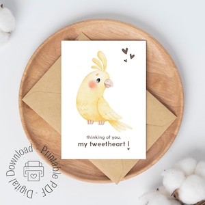Tarjeta de felicitación para amantes de las cacatúas, lindo regalo para el día de San Valentín, nota "Pensando en ti", carta imprimible con temática de aves, PDF imprimible, descarga digital