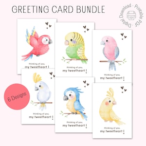 PAQUETE - Tarjeta de felicitación para amantes de las aves, lindo regalo para el día de San Valentín, nota "Pensando en ti", carta imprimible con temática de aves, descarga en PDF imprimible