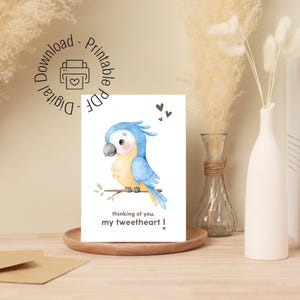 Tarjeta de felicitación para amantes de los loros, lindo regalo para el día de San Valentín, nota para pensar en ti, carta imprimible con temática de aves, PDF imprimible, descarga digital