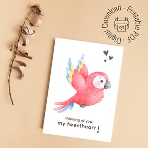 Tarjeta de felicitación para amantes de los guacamayos, lindo regalo para el día de San Valentín, nota "Pensando en ti", carta imprimible con temática de aves, PDF imprimible, descarga digital