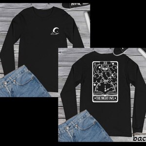 Nachtuil Tarotkaart, witte print aan de voorkant, uilenliefhebber, T-shirt met lange mouwen 's avonds laat