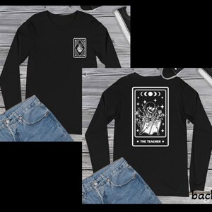 De Leraar Tarotkaart, witte print op de voorkant, achterkant, skelet, leraar T-shirt met lange mouwen