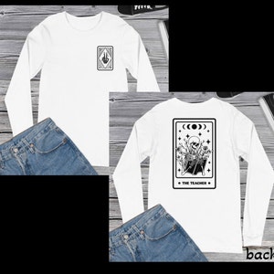 De leraar Tarotkaart, skelet, boekenliefhebber, print T-shirt met lange mouwen op de voorkant en achterkant