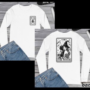 De Witch Tarot Card, skelet, witchy vibes voorkant achterkant print T-shirt met lange mouwen
