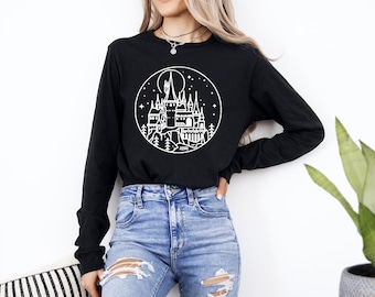 Magic Wizard Castle, estampado blanco, amante de los libros, literatura, camiseta de manga larga libresca