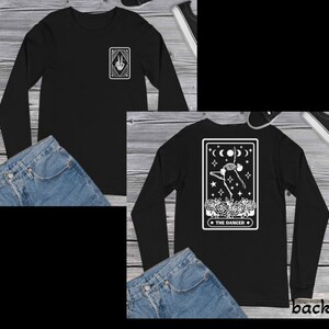 De Dancer Tarot Card, witte print op de voorkant en achterkant, skelet T-shirt met lange mouwen