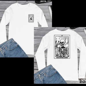Carta de tarô The Coffee Lover, esqueleto, xícara de café, estampa frontal traseira Camiseta de manga comprida