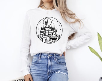Magic Wizard Castle, black print, book lover, literature, bookish Long Sleeve Tee