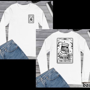 A carta de tarô do café, esqueleto, amante do café, camiseta de manga comprida com estampa frontal e traseira
