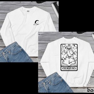 Nachtuil, tarotkaart, middagsterren, sweatshirt met print op de voorkant en achterkant