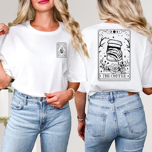 De Coffee Tarot Card, skelet, koffieliefhebber, t-shirt met print op de voorkant en achterkant