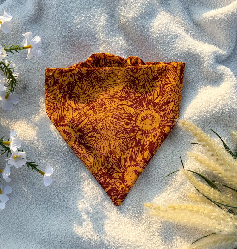 Custom Scrunchie Dog Bandana, Sunflower Design Personalized Text Puppy