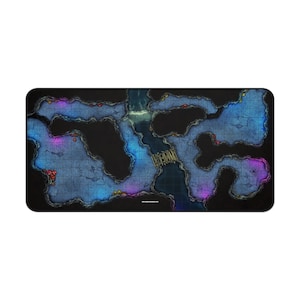 May include: A black and blue dungeon map with a grid pattern and a river running through it. The map is lit by glowing purple and yellow lights. The text "The Depths" is written on the map.