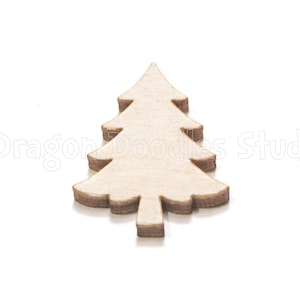 May include: A wooden Christmas tree cutout. The tree is light brown with a darker brown edge, and has a simple, stylized design. The tree is a festive decoration for crafts and holiday projects.