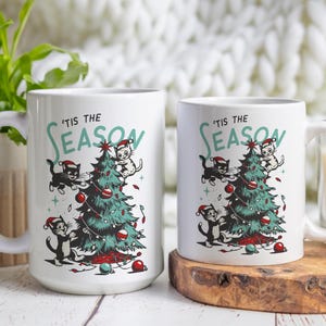 Christmas Cats Ceramic Mug, Vintage Style Holiday Kittens Cup, Festive Xmas Tree Coffee Mug, Cat Lover Gift, Winter Retro Tea Cup, Funny